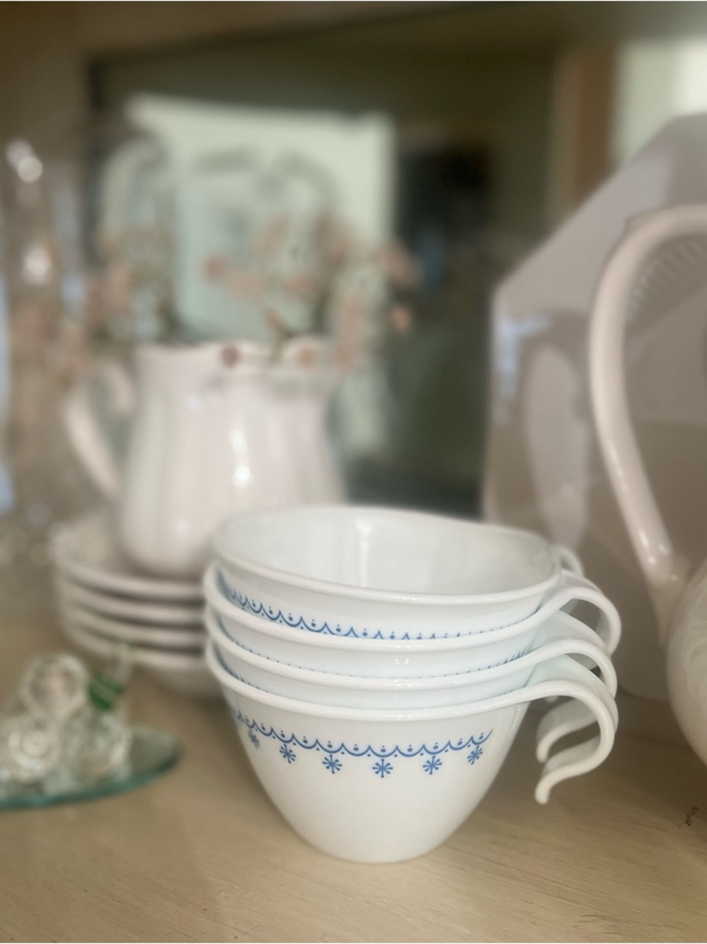 Corelle White Mugs with Blue Decorative Border - Set of 4